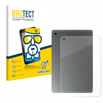 Vorderseite einer Produktverpackung mit dem Markenlogo BROTECT. Daneben ist das Gerät Samsung Galaxy Tab S10 FE (Rückseite) mi