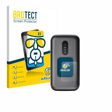 Vorderseite einer Produktverpackung mit dem Markenlogo BROTECT. Daneben ist das Gerät Doro 2880 (Äußeres Display) mit dem zuge