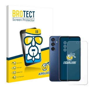 Vorderseite einer Produktverpackung mit dem Markenlogo BROTECT. Daneben ist das Gerät Samsung Galaxy M35 (Display+Kamera) mit 