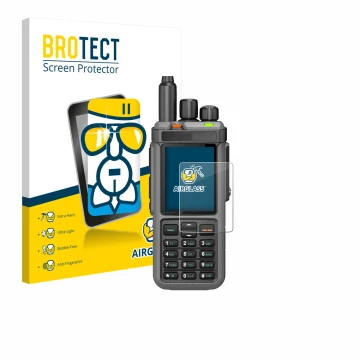 Vorderseite einer Produktverpackung mit dem Markenlogo BROTECT. Daneben ist das Gerät Radtel RT-880 mit dem zugehörigen Displa