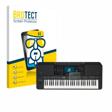 Vorderseite einer Produktverpackung mit dem Markenlogo BROTECT. Daneben ist das Gerät Yamaha PSR-SX720 mit dem zugehörigen Dis