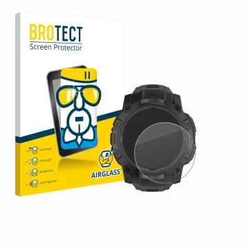 Vorderseite einer Produktverpackung mit dem Markenlogo BROTECT. Daneben ist das Gerät Garmin Instinct 3 Tactical AMOLED Editio