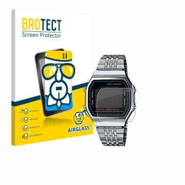 Vorderseite einer Produktverpackung mit dem Markenlogo BROTECT. Daneben ist das Gerät Casio iconic ABL-100WE-1A mit dem zugehö