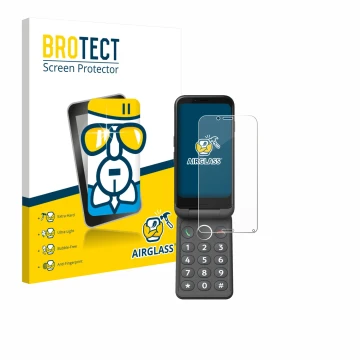 Vorderseite einer Produktverpackung mit dem Markenlogo BROTECT. Daneben ist das Gerät Doro Aurora A20 mit dem zugehörigen Disp