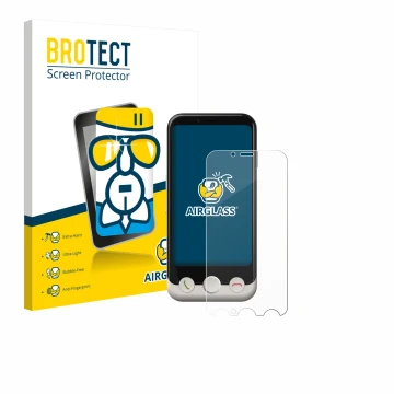 Vorderseite einer Produktverpackung mit dem Markenlogo BROTECT. Daneben ist das Gerät Doro Aurora A10 mit dem zugehörigen Disp