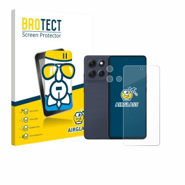 Vorderseite einer Produktverpackung mit dem Markenlogo BROTECT. Daneben ist das Gerät Motorola Moto G86 (Display+Kamera) mit d