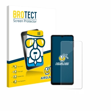 Vorderseite einer Produktverpackung mit dem Markenlogo BROTECT. Daneben ist das Gerät Sharp Aquos Sense 8 mit dem zugehörigen 