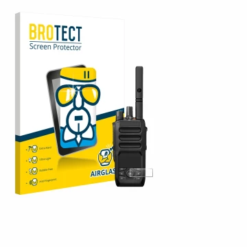 Vorderseite einer Produktverpackung mit dem Markenlogo BROTECT. Daneben ist das Gerät Motorola MOTOTRBO R5 mit dem zugehörigen