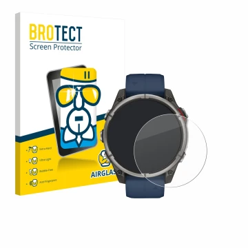 Vorderseite einer Produktverpackung mit dem Markenlogo BROTECT. Daneben ist das Gerät Garmin quatix 8 (47 mm) mit dem zugehöri