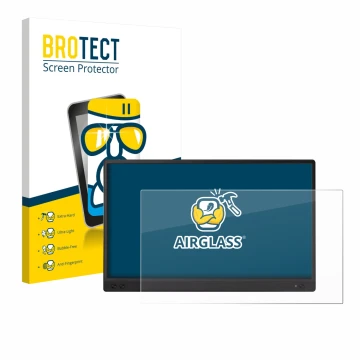 Vorderseite einer Produktverpackung mit dem Markenlogo BROTECT. Daneben ist das Gerät ASUS ZenScreen MB166C mit dem zugehörige