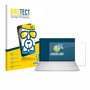 Vorderseite einer Produktverpackung mit dem Markenlogo BROTECT. Daneben ist das Gerät Dell 14 Premium Laptop mit dem zugehörig