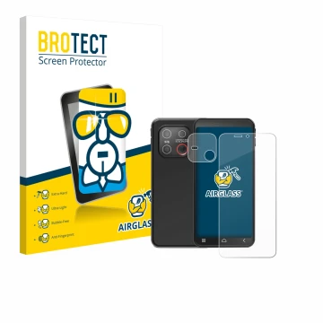 Vorderseite einer Produktverpackung mit dem Markenlogo BROTECT. Daneben ist das Gerät Emporia Smart ME7 (Display+Kamera) mit d