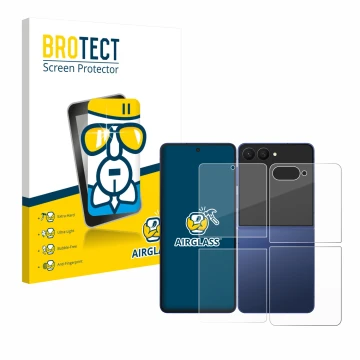 Vorderseite einer Produktverpackung mit dem Markenlogo BROTECT. Daneben ist das Gerät Samsung Galaxy Z Flip 7 (Display+Rücksei