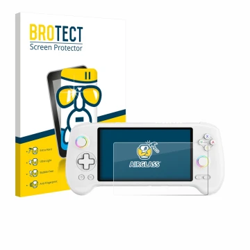 Vorderseite einer Produktverpackung mit dem Markenlogo BROTECT. Daneben ist das Gerät Anbernic RG556 mit dem zugehörigen Displ