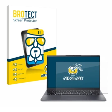 Vorderseite einer Produktverpackung mit dem Markenlogo BROTECT. Daneben ist das Gerät Acer Swift Go 14 OLED mit dem zugehörige