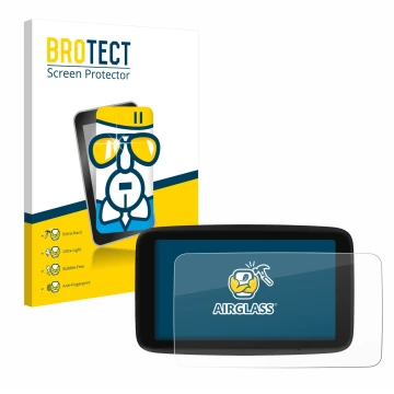 Vorderseite einer Produktverpackung mit dem Markenlogo BROTECT. Daneben ist das Gerät TomTom GO Classic 5