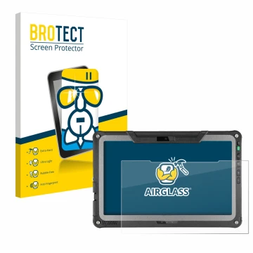 Vorderseite einer Produktverpackung mit dem Markenlogo BROTECT. Daneben ist das Gerät Getac F110 G7 mit dem zugehörigen Displa