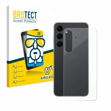 Vorderseite einer Produktverpackung mit dem Markenlogo BROTECT. Daneben ist das Gerät Samsung Galaxy S25 FE (Rückseite) mit de