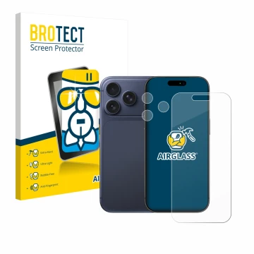 Vorderseite einer Produktverpackung mit dem Markenlogo BROTECT. Daneben ist das Gerät Apple iPhone 17 Pro (Display+Kamera) mit