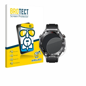 Vorderseite einer Produktverpackung mit dem Markenlogo BROTECT. Daneben ist das Gerät Huawei Watch Ultimate 2 Black mit dem zu