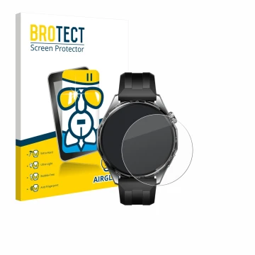 Vorderseite einer Produktverpackung mit dem Markenlogo BROTECT. Daneben ist das Gerät Huawei Watch GT 6 (46 mm) mit dem zugehö