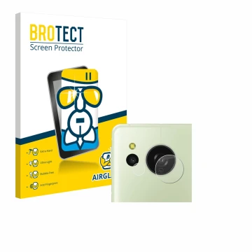 Vorderseite einer Produktverpackung mit dem Markenlogo BROTECT. Daneben ist das Gerät Sharp Aquos Sense 8 (NUR Kamera) mit dem