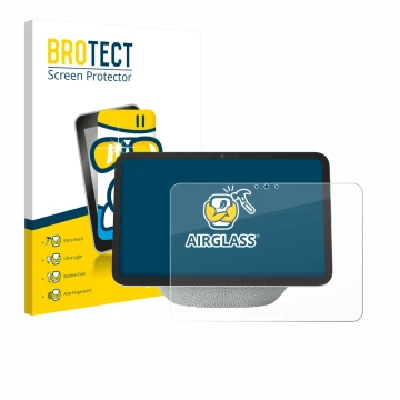 Vorderseite einer Produktverpackung mit dem Markenlogo BROTECT. Daneben ist das Gerät Amazon Echo Show 11 2025 mit dem zugehör