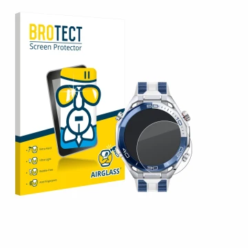 Vorderseite einer Produktverpackung mit dem Markenlogo BROTECT. Daneben ist das Gerät Huawei Watch Ultimate 2 Blue mit dem zug