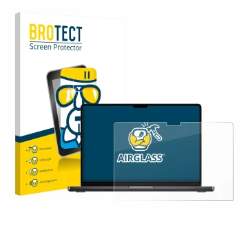 Vorderseite einer Produktverpackung mit dem Markenlogo BROTECT. Daneben ist das Gerät Apple MacBook Pro 14