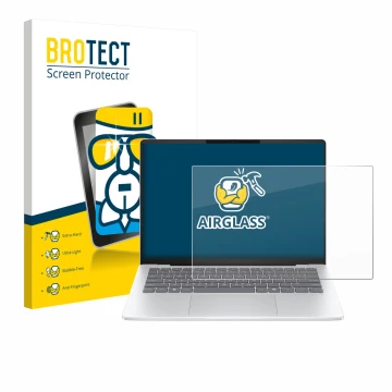 Vorderseite einer Produktverpackung mit dem Markenlogo BROTECT. Daneben ist das Gerät HP OmniBook 5 14 mit dem zugehörigen Dis