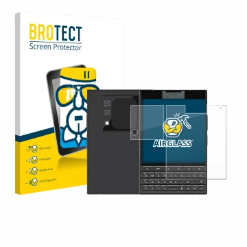 Vorderseite einer Produktverpackung mit dem Markenlogo BROTECT. Daneben ist das Gerät Unihertz Titan 2 (Display+Kamera) mit de