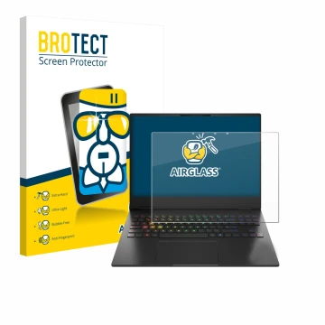 Vorderseite einer Produktverpackung mit dem Markenlogo BROTECT. Daneben ist das Gerät HP Omen Transcend 16-u1000nl mit dem zug