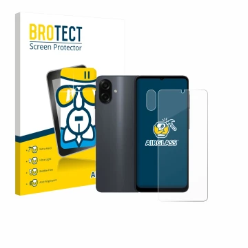 Vorderseite einer Produktverpackung mit dem Markenlogo BROTECT. Daneben ist das Gerät Samsung Galaxy A07 (Display+Kamera) mit 