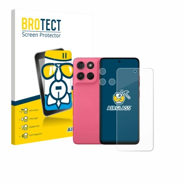 Vorderseite einer Produktverpackung mit dem Markenlogo BROTECT. Daneben ist das Gerät Motorola Moto G57 Power (Display+Kamera)