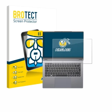 Vorderseite einer Produktverpackung mit dem Markenlogo BROTECT. Daneben ist das Gerät Tuxedo InfinityBook Pro 14 Gen 10 mit de