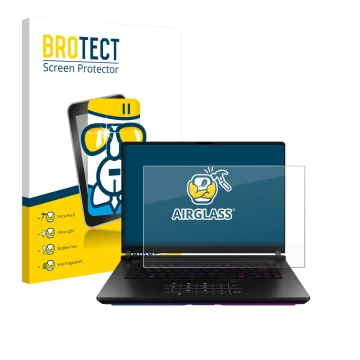 Vorderseite einer Produktverpackung mit dem Markenlogo BROTECT. Daneben ist das Gerät ASUS ROG Strix SCAR 18 2025 mit dem zuge