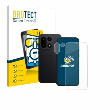 Vorderseite einer Produktverpackung mit dem Markenlogo BROTECT. Daneben ist das Gerät OnePlus 15 (Display+Kamera) mit dem zuge