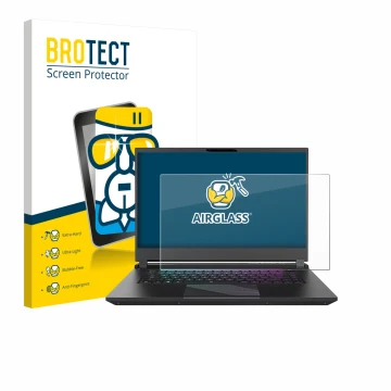 Vorderseite einer Produktverpackung mit dem Markenlogo BROTECT. Daneben ist das Gerät Gigabyte AORUS 15 2024 mit dem zugehörig