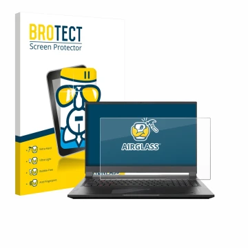 Vorderseite einer Produktverpackung mit dem Markenlogo BROTECT. Daneben ist das Gerät Gigabyte AORUS 17 2024 mit dem zugehörig