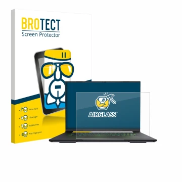 Vorderseite einer Produktverpackung mit dem Markenlogo BROTECT. Daneben ist das Gerät Gigabyte AERO X16 2025 mit dem zugehörig