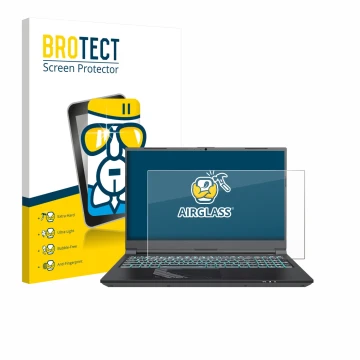 Vorderseite einer Produktverpackung mit dem Markenlogo BROTECT. Daneben ist das Gerät Gigabyte G5 2024 mit dem zugehörigen Dis