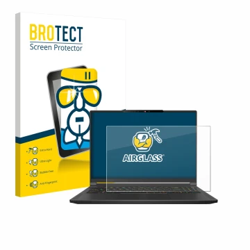 Vorderseite einer Produktverpackung mit dem Markenlogo BROTECT. Daneben ist das Gerät MSI Stealth A16 AI+ mit dem zugehörigen 