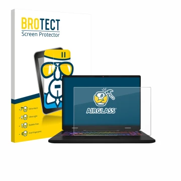 Vorderseite einer Produktverpackung mit dem Markenlogo BROTECT. Daneben ist das Gerät MSI Vector 16 HX AI mit dem zugehörigen 