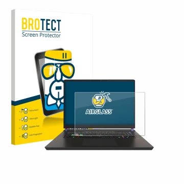 Vorderseite einer Produktverpackung mit dem Markenlogo BROTECT. Daneben ist das Gerät MSI Vector 17 HX mit dem zugehörigen Dis