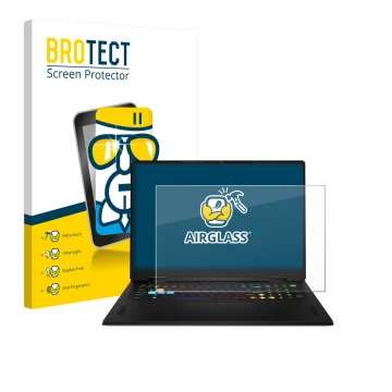 Vorderseite einer Produktverpackung mit dem Markenlogo BROTECT. Daneben ist das Gerät MSI Vector A18 HX 2025 mit dem zugehörig