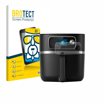 Vorderseite einer Produktverpackung mit dem Markenlogo BROTECT. Daneben ist das Gerät Philips Airfryer HD9880/90 mit dem zugeh