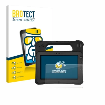 Vorderseite einer Produktverpackung mit dem Markenlogo BROTECT. Daneben ist das Gerät Zebra XPad L10ax mit dem zugehörigen Dis