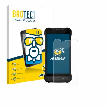 Vorderseite einer Produktverpackung mit dem Markenlogo BROTECT. Daneben ist das Gerät Zebra Xplore M60 mit dem zugehörigen Dis