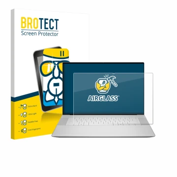 Vorderseite einer Produktverpackung mit dem Markenlogo BROTECT. Daneben ist das Gerät Dell 16 Premium Laptop mit dem zugehörig
