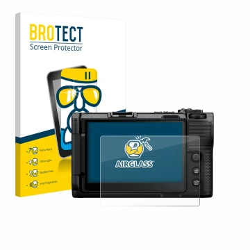 Vorderseite einer Produktverpackung mit dem Markenlogo BROTECT. Daneben ist das Gerät Nikon ZR 2025 mit dem zugehörigen Displa